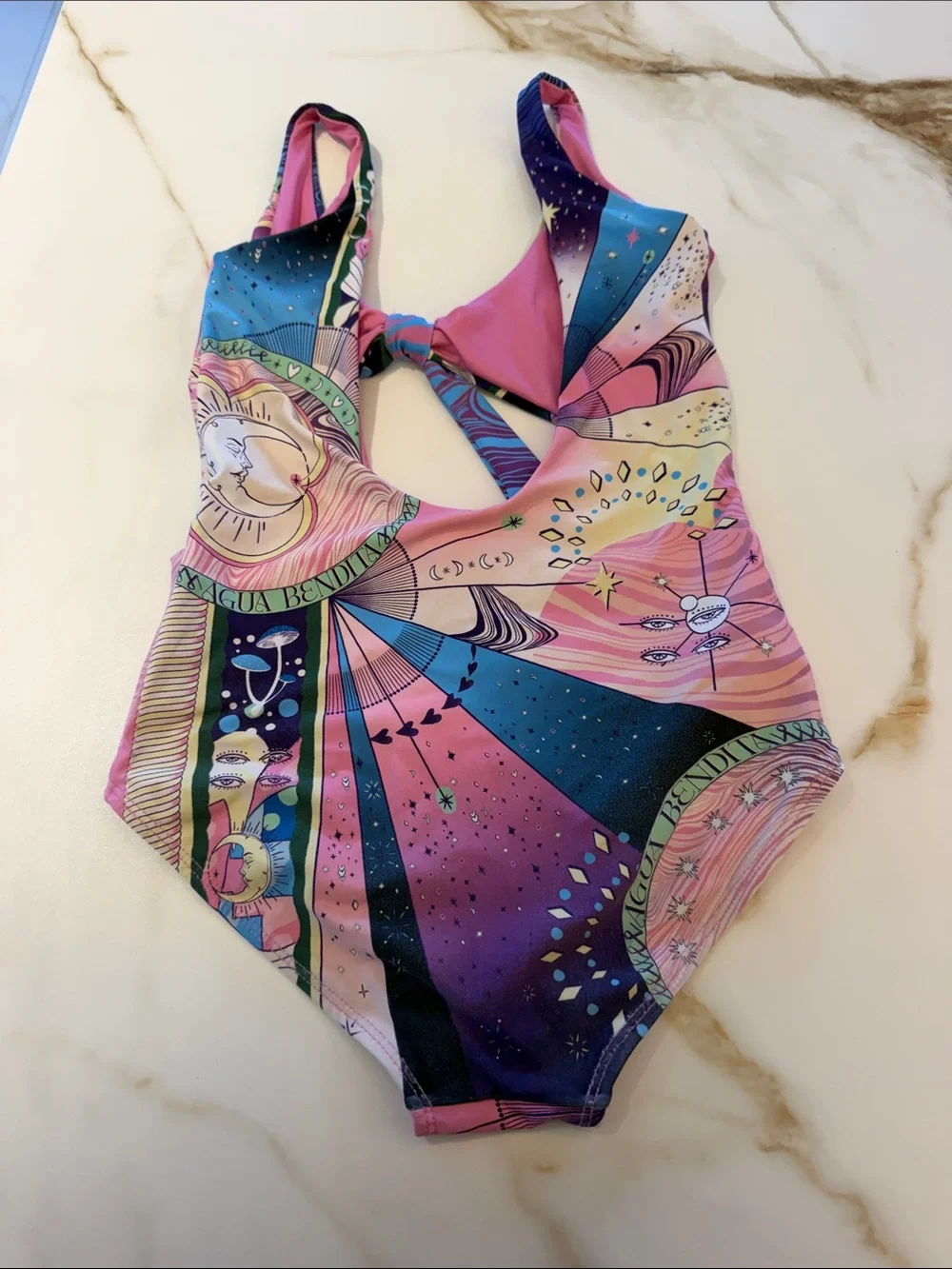 Agua Bendita Kids Pink Multicolor One-Piece Swimsuit with Galaxy Print- 14